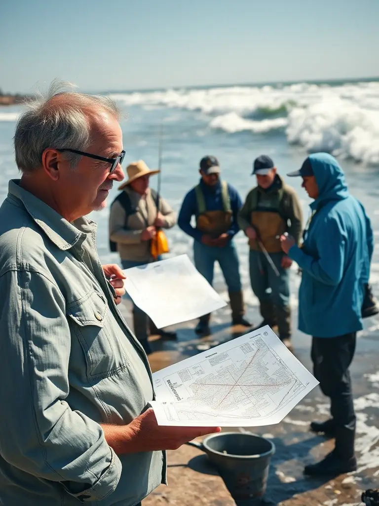 A professional consultant advising a group of fishermen on sustainable techniques near the shoreline, demonstrating best practices for responsible fishing.