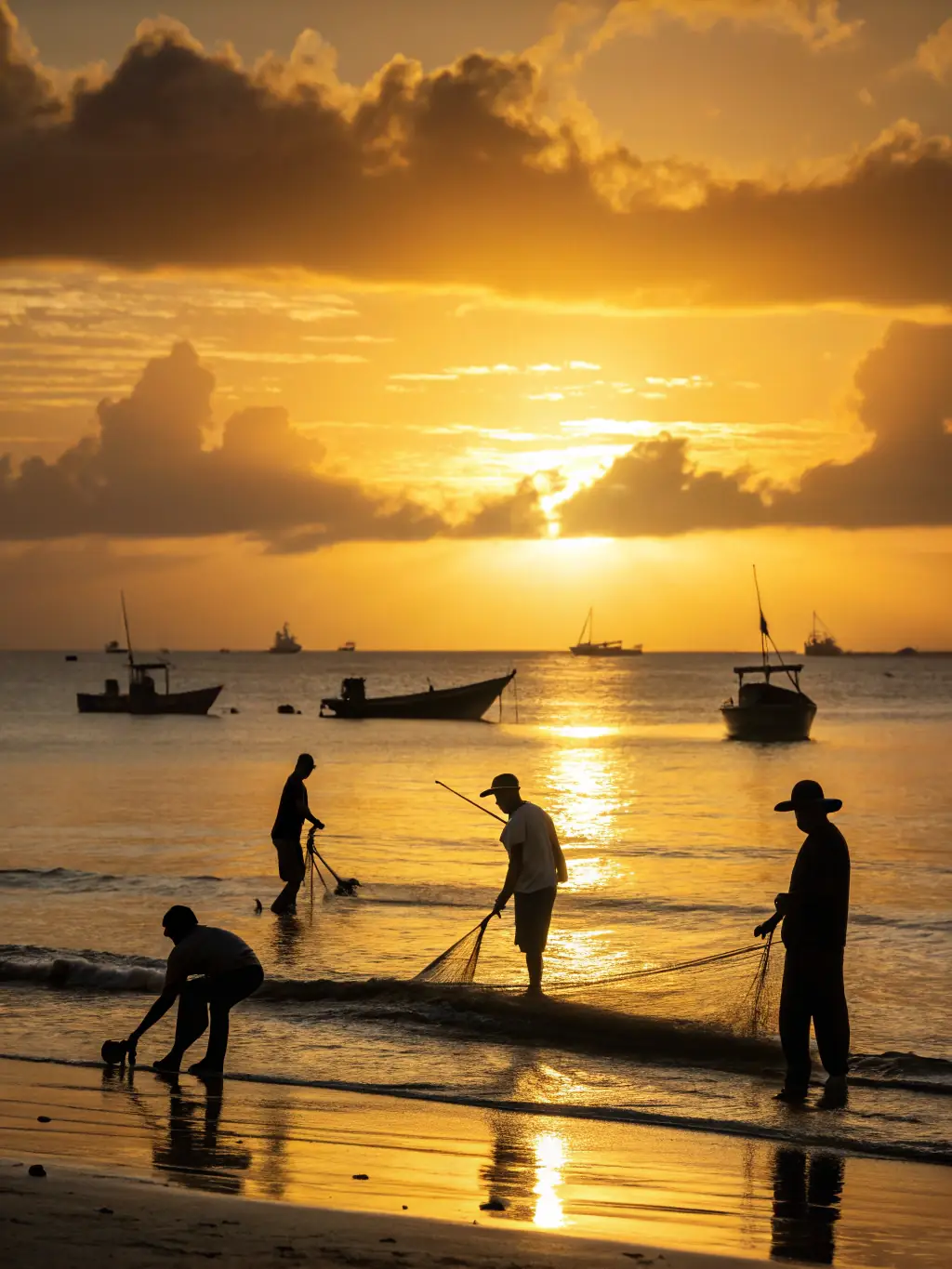 A South African coastline scene with fishermen using traditional, sustainable methods, highlighting the importance of preserving local fishing heritage.